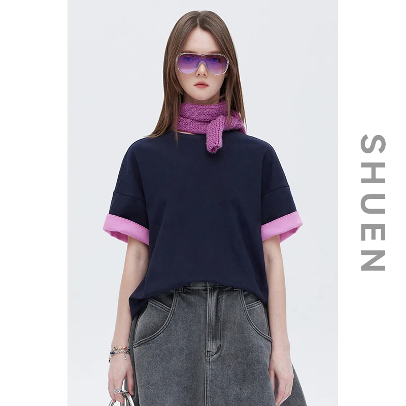 束恩重磅230克水柔棉拼接撞色上衣2025新款宽松藏蓝色短袖女t恤夏
