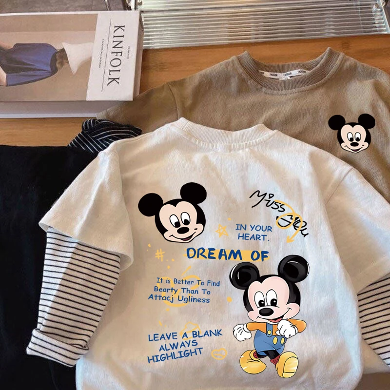 男童T恤春秋新款长袖圆领打底衫卡通简笔画拼接假两件儿童上衣t