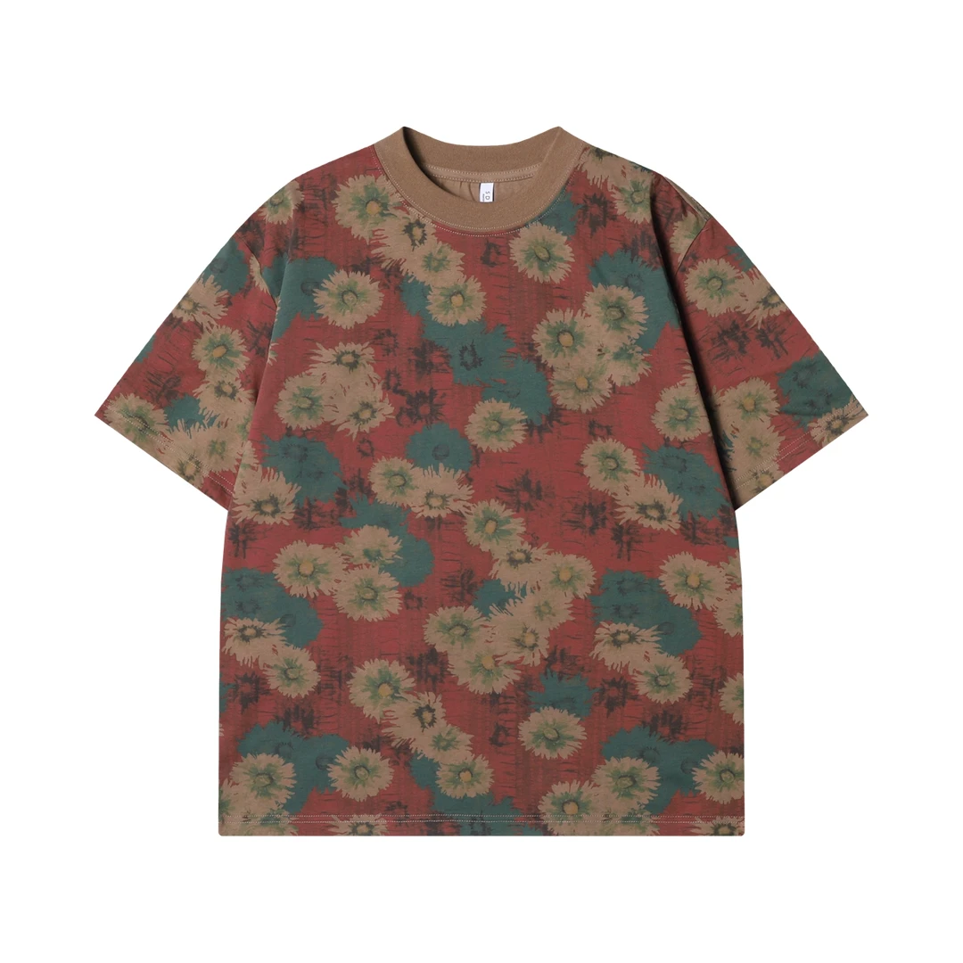 夏季高级感新款潮牌撞色满印菊花圆领短袖T恤重磅时尚套头上衣