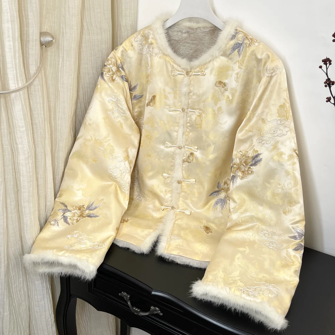 【云雪绣】女装冬款外套水貂毛保暖新中式圆领刺绣百搭风双穿女