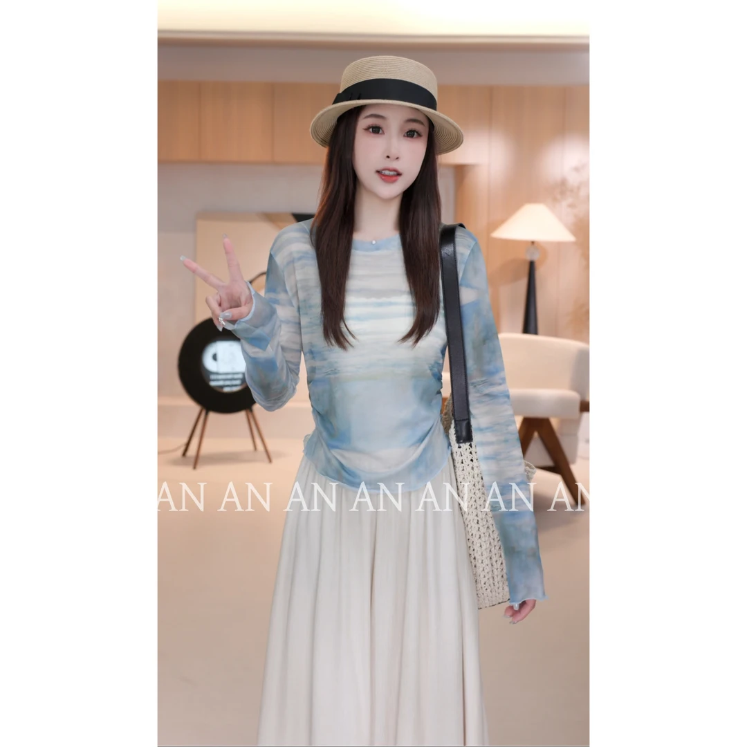 C04140氛围感修身薄款正肩抽褶扎染长袖防晒衫T恤