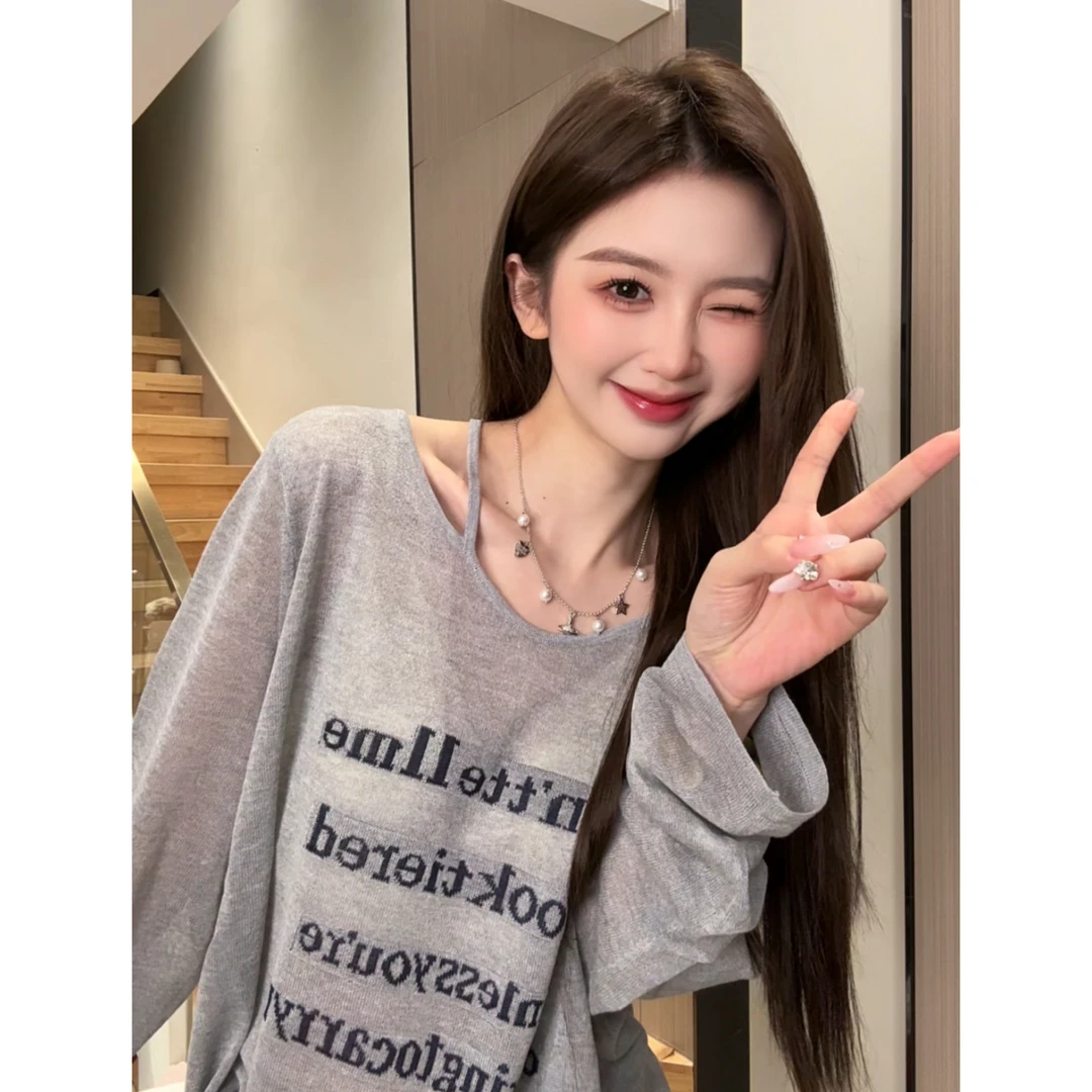 字母灰色冰丝防晒衣罩衫女2025夏季新款露肩薄款长袖t恤宽松上衣