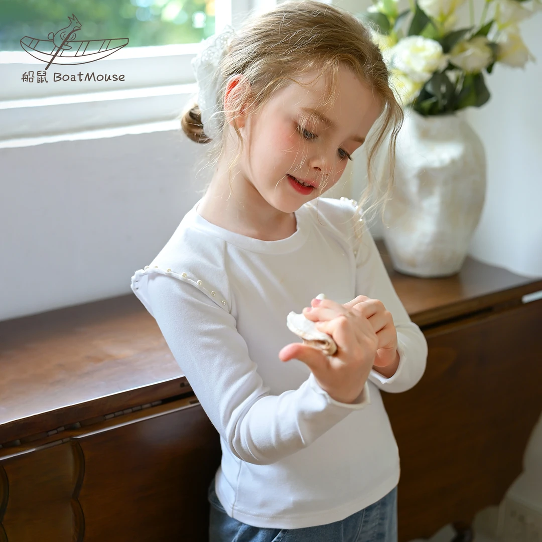 船鼠女童白色打底衫春秋款棉布插肩袖圆领儿童长袖t恤 女宝宝上衣