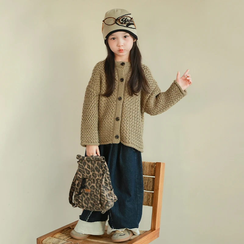 utouto大耳象女童编织粗针毛衣开衫2024冬季新款儿童2408007