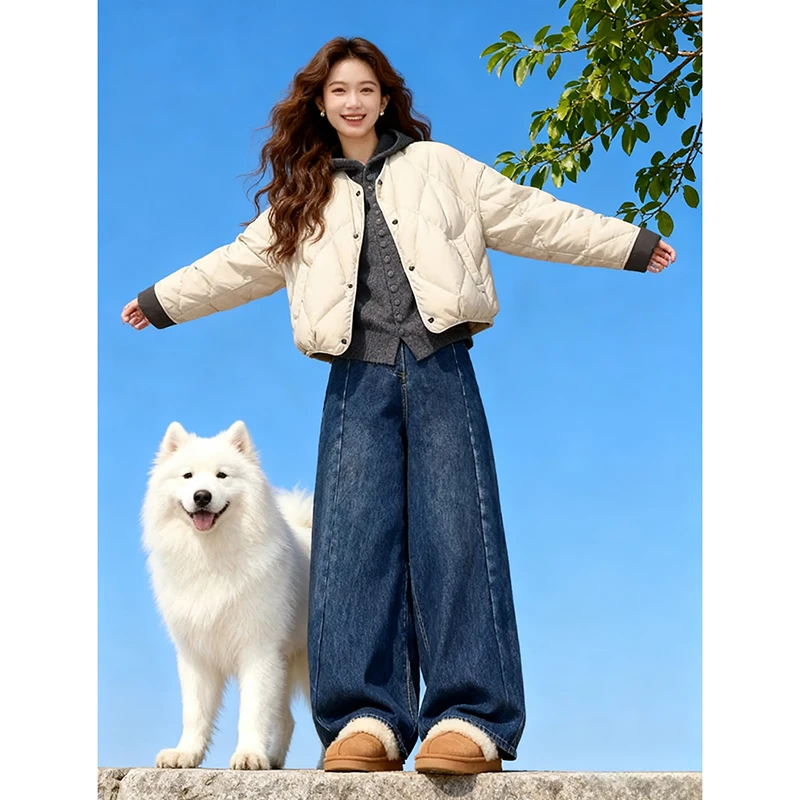 韩系高级感圆领菱格棉服女冬季加厚保暖小个子独特超好看棉衣外套