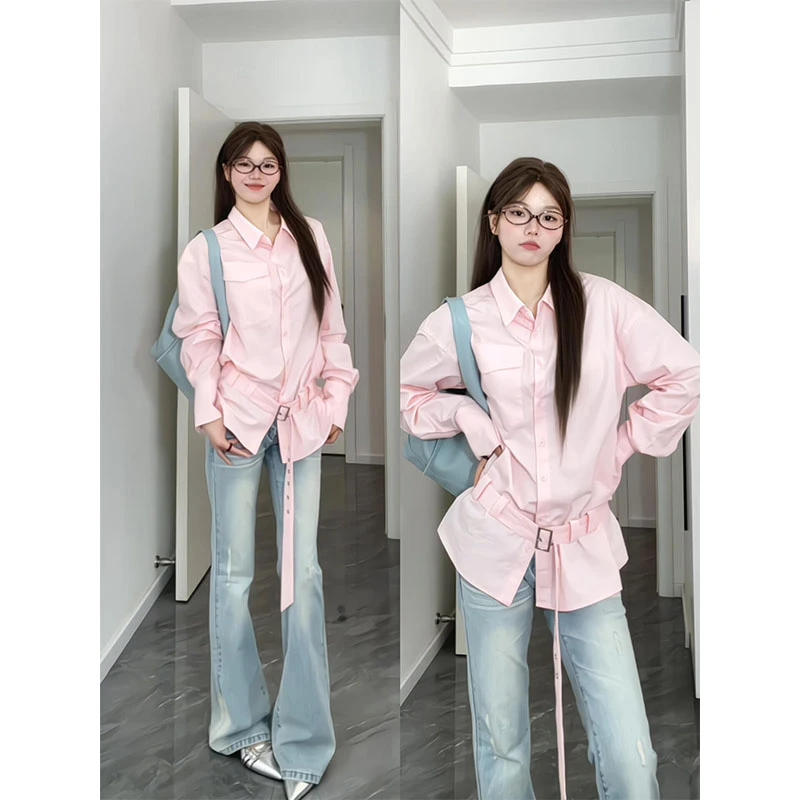 韩系穿搭2025早春新款气质简约减龄甜美长袖衬衫微喇牛仔裤两件套