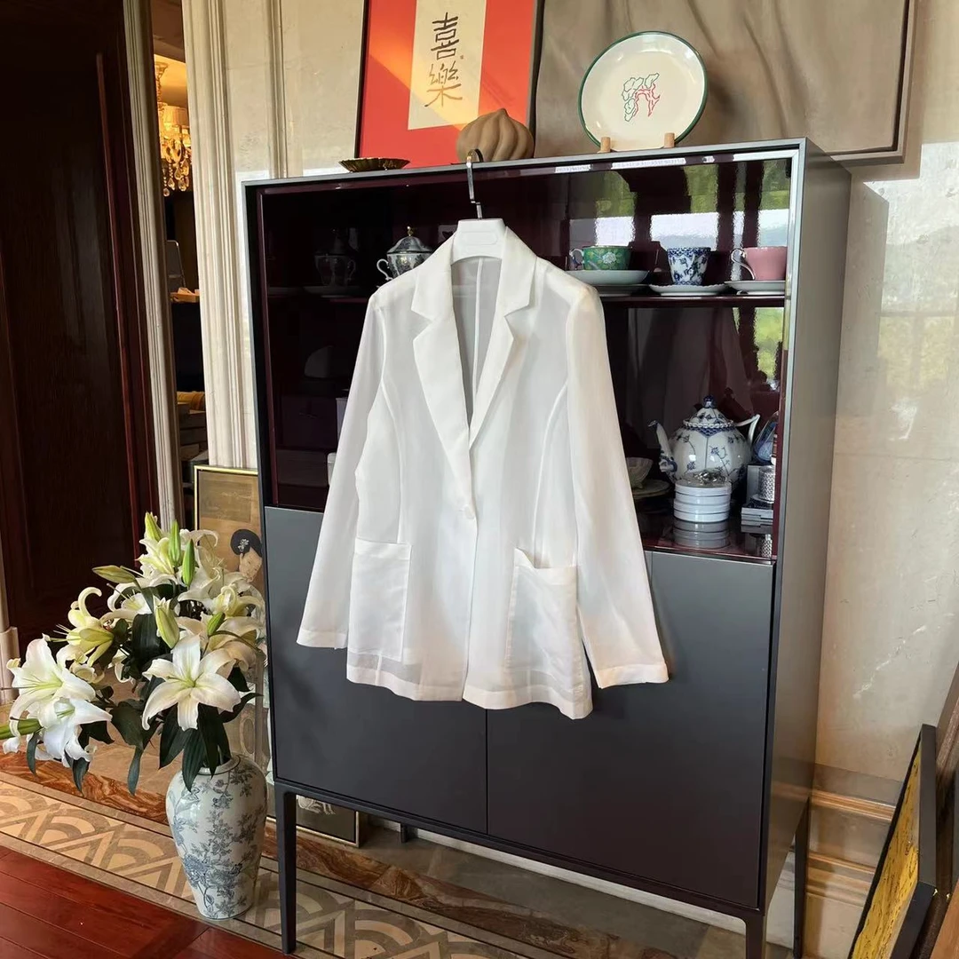 MYL 2024夏季新品桑蚕丝白色透明西装翻驳领长袖单排扣外套
