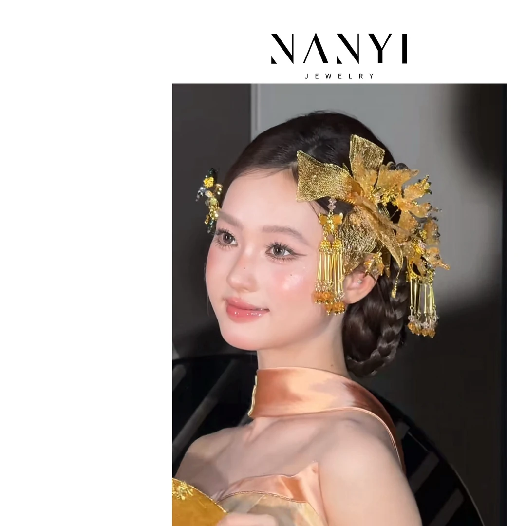 合金婚庆饰品 南一|新中式金色蝴蝶 两大件 头饰