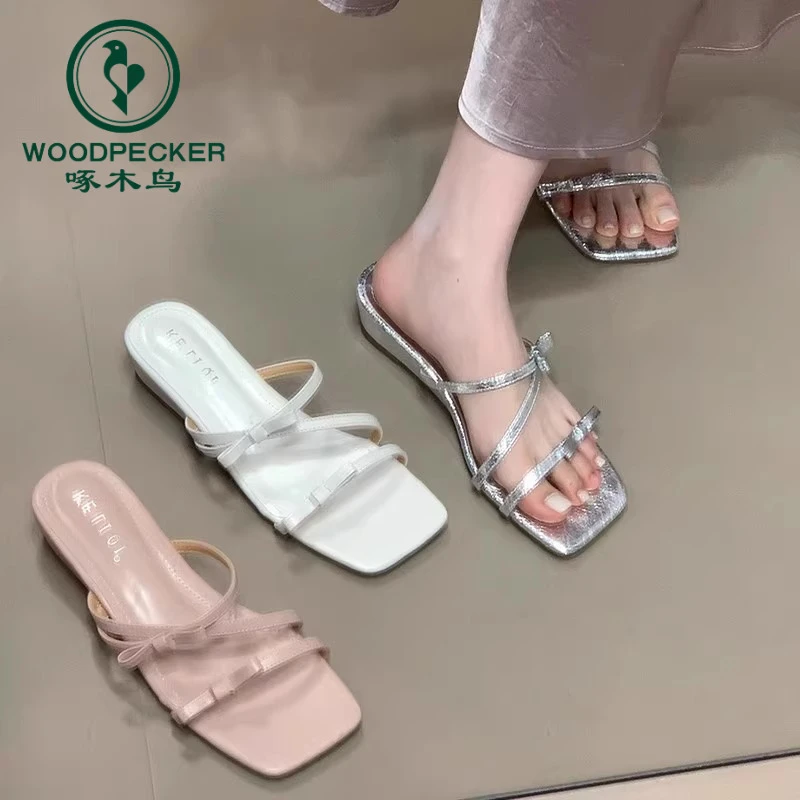 啄木鸟法式低跟蝴蝶结凉拖鞋仙女鞋子2025新款夏季外穿配裙子凉鞋