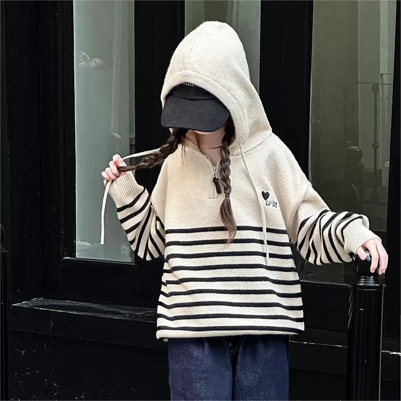 【亲子装】女童条纹连帽衫春秋2025新款中大童针织连帽半拉链衫