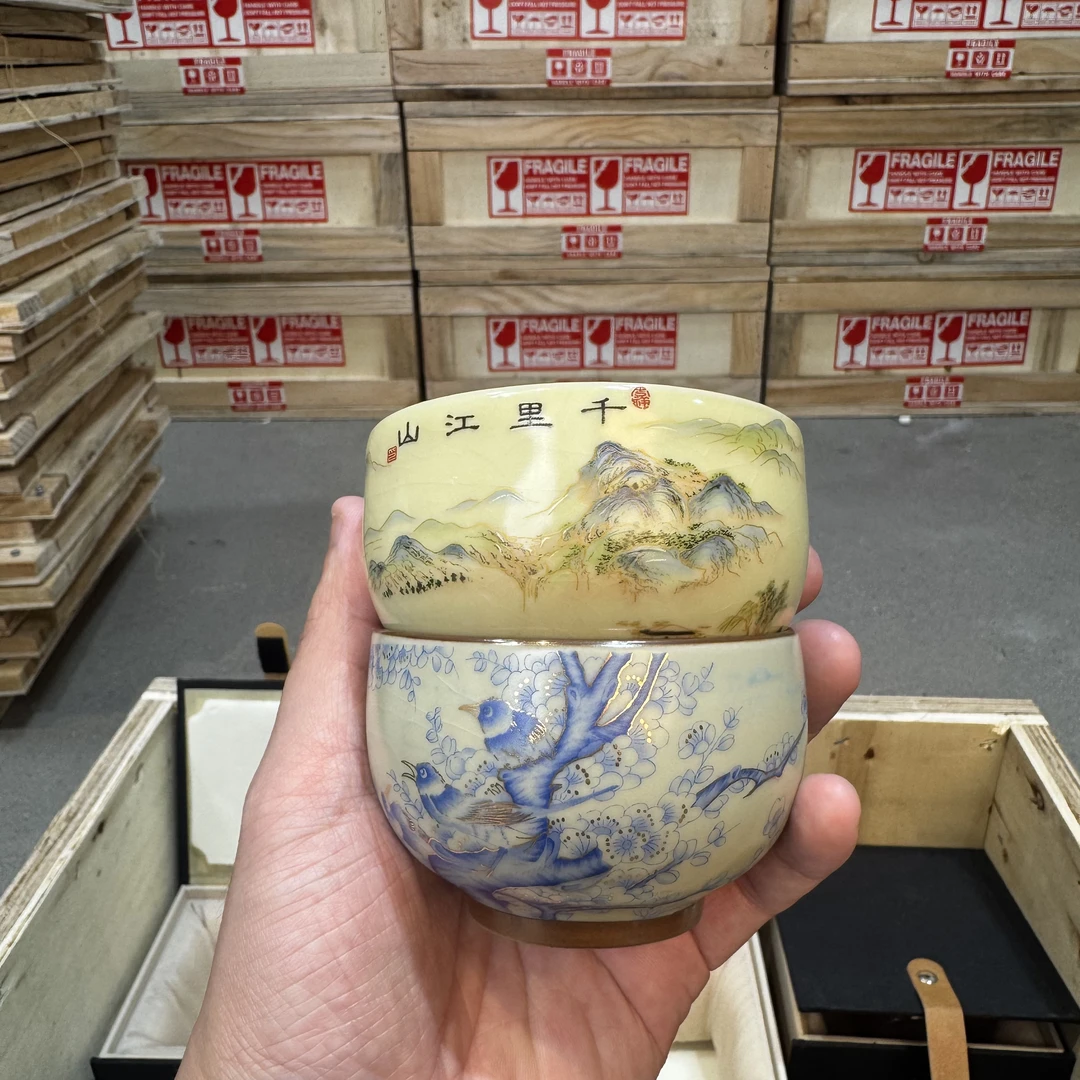 汝窑千里江山加喜上枝头铜钱底对杯1621+1392