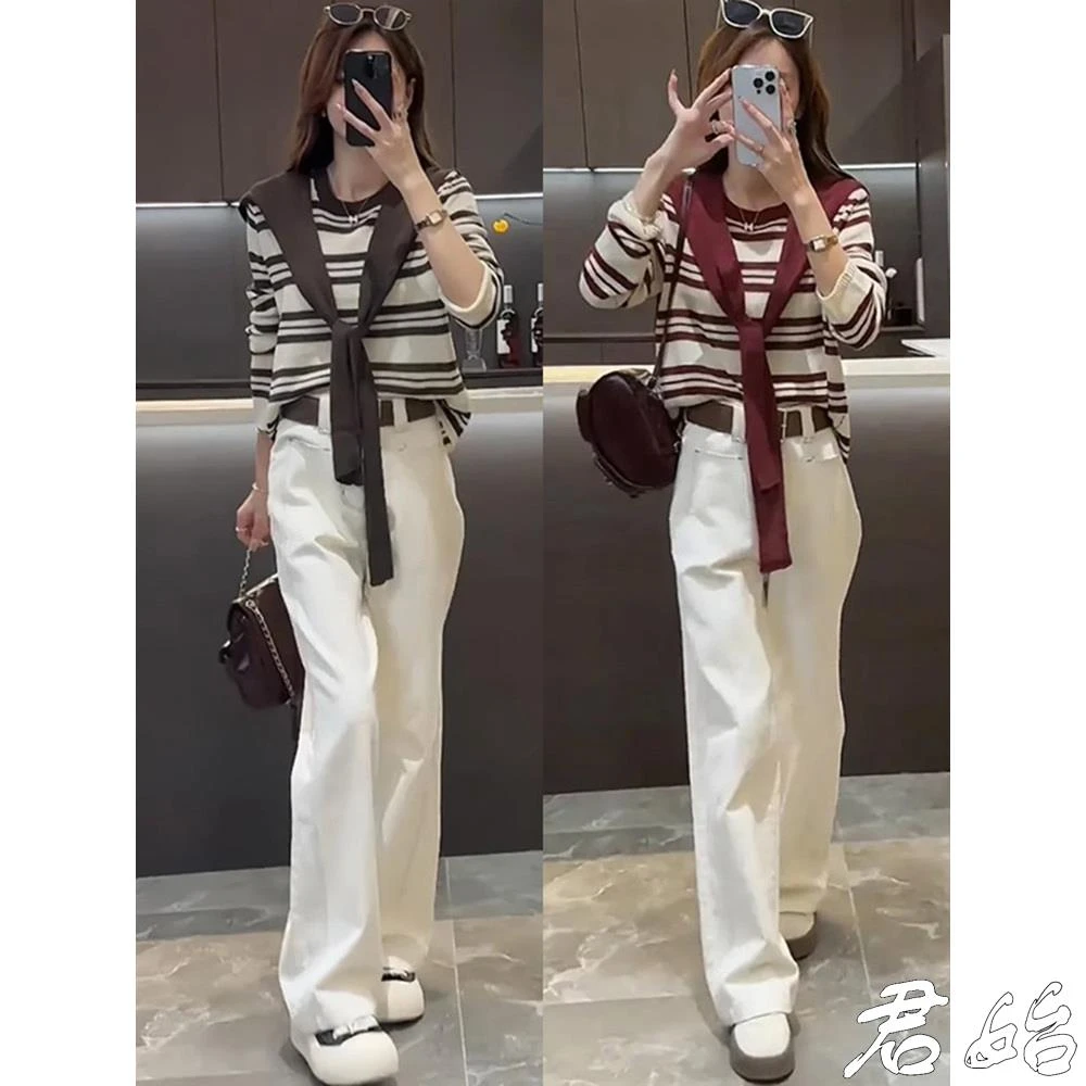 条纹针织衫休闲裤两件套女2025秋季新款超好看小个子气质显瘦套装