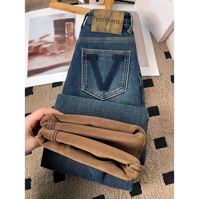 美思源复古窄版阔腿牛仔裤女春季2025年新款加厚保暖高腰直筒裤子