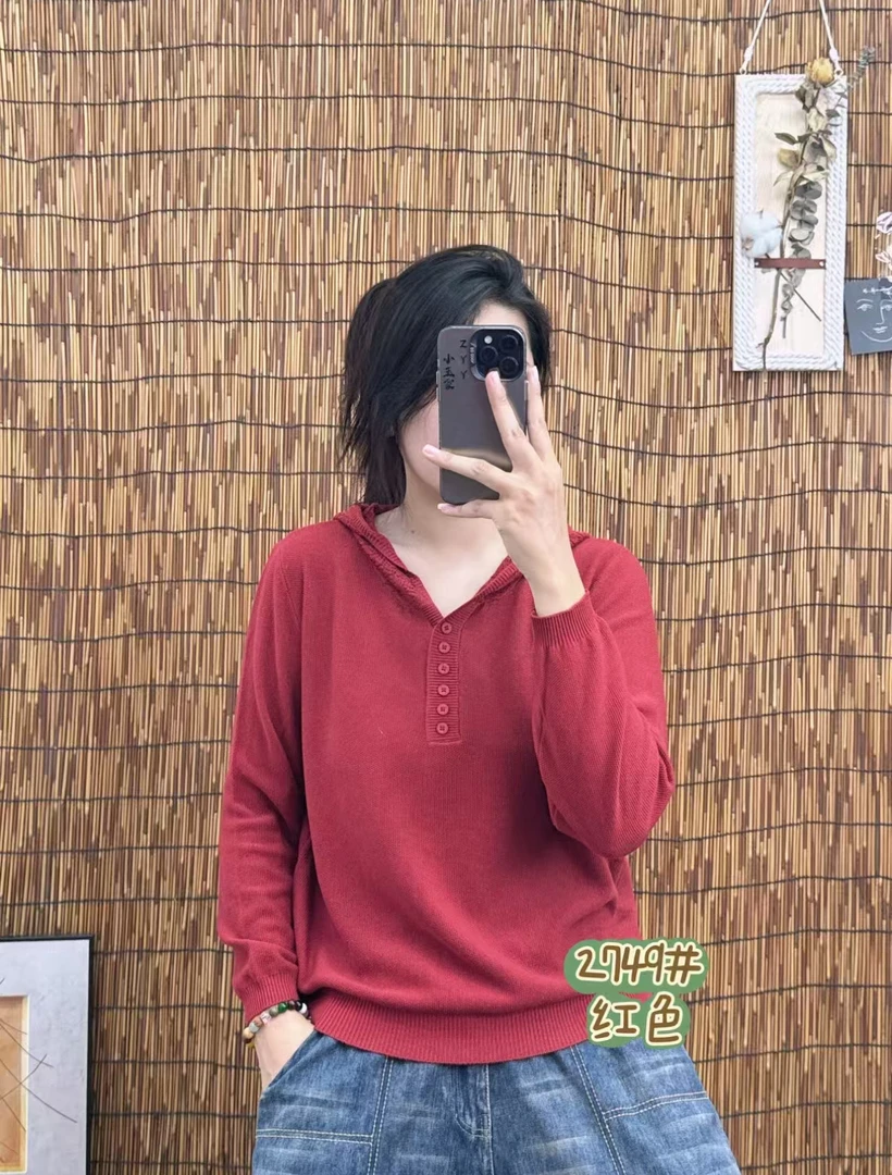 早秋连帽不褪色长袖薄款针织毛针织衫红色针织衫打底衫