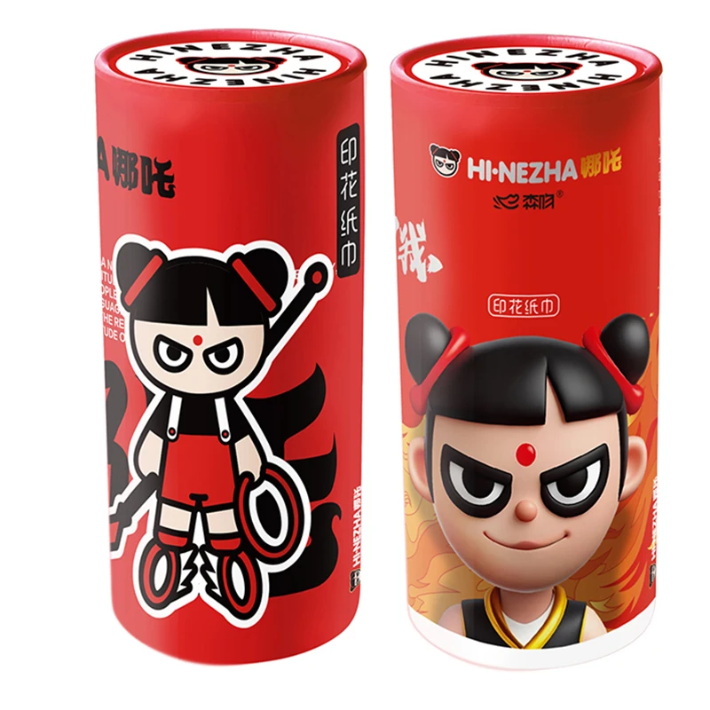 森吻卡通车载圆桶印花抽纸桶装面巾纸餐巾纸便携式可湿水原生木浆