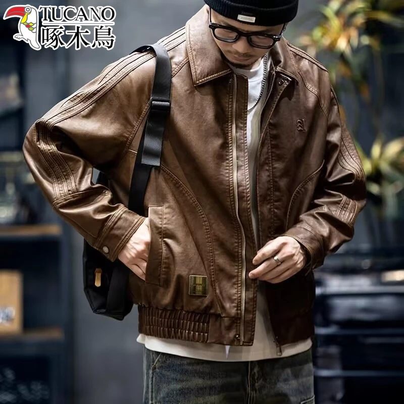 2025秋季新款PU皮衣夹克外套男冬季加绒美式复古宽松美拉德皮夹克