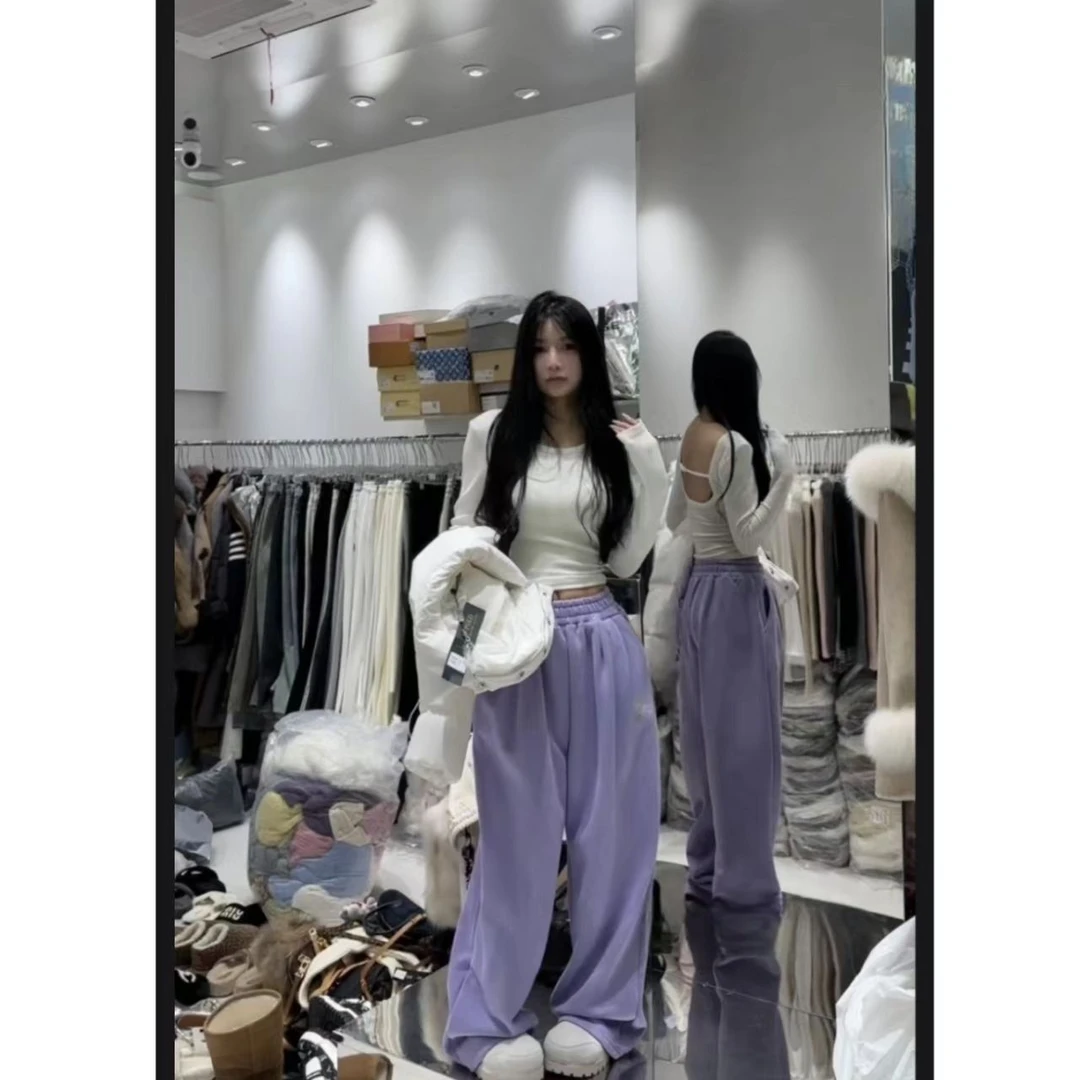 睿夕【奶油绵绵裤~】字母刺绣保暖加厚宝宝绒直筒阔腿卫裤