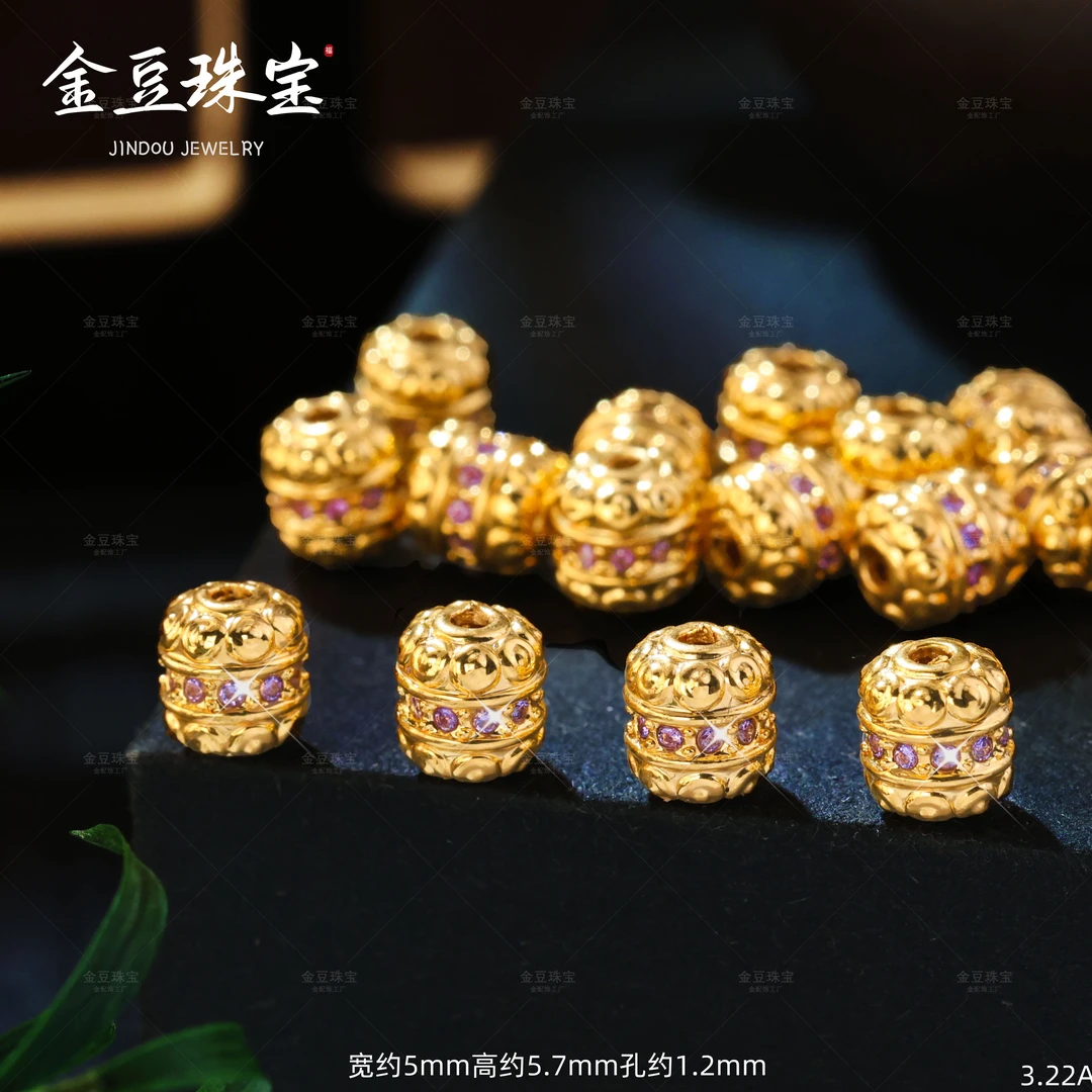 【金豆工厂】18K金约5.5mm薰衣草紫色并蒂莲桶珠腰珠万向轴（厚5D金）