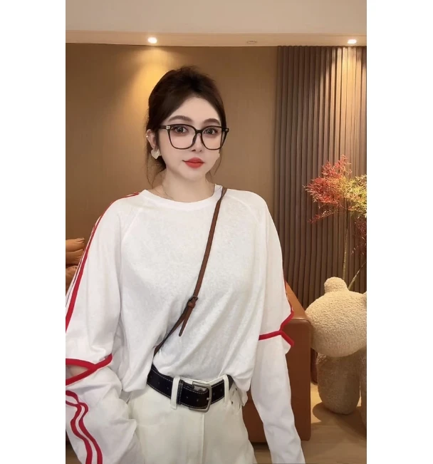 E2 设计感条纹撞色宽松休闲百搭圆领长袖T恤 EE0208