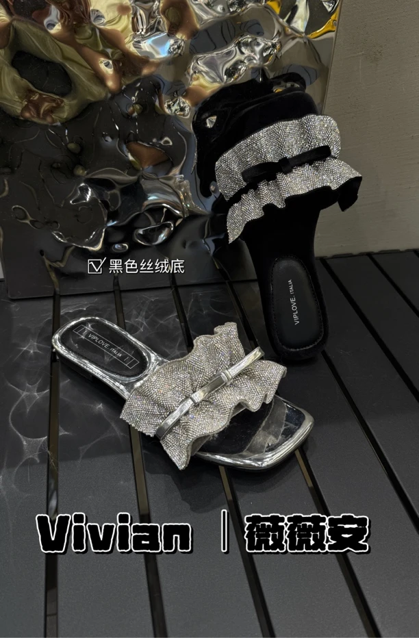 Vivian｜ 薇薇安 【跟高2CM） 蝴蝶结水钻方头露趾夏季外穿沙滩凉鞋