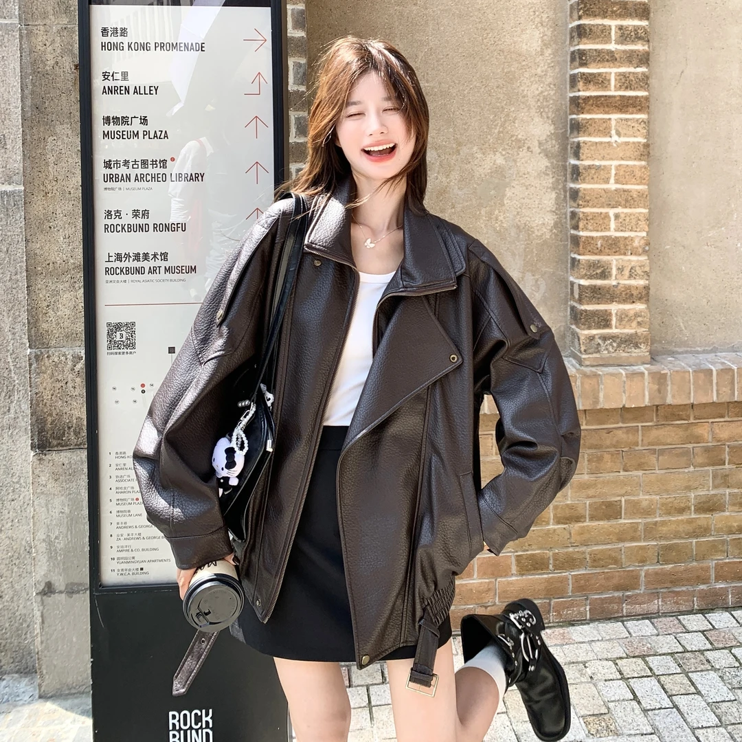 复古棕色皮衣外套女2025秋季新款高级感百搭机车炸街夹克短款上衣