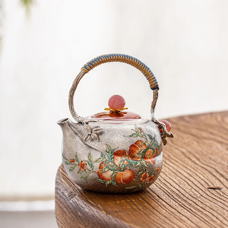 蜂鸟工坊 名匠优选 手桃子钮铜盖麻纹手绘桃提梁小壶 SWA112576
