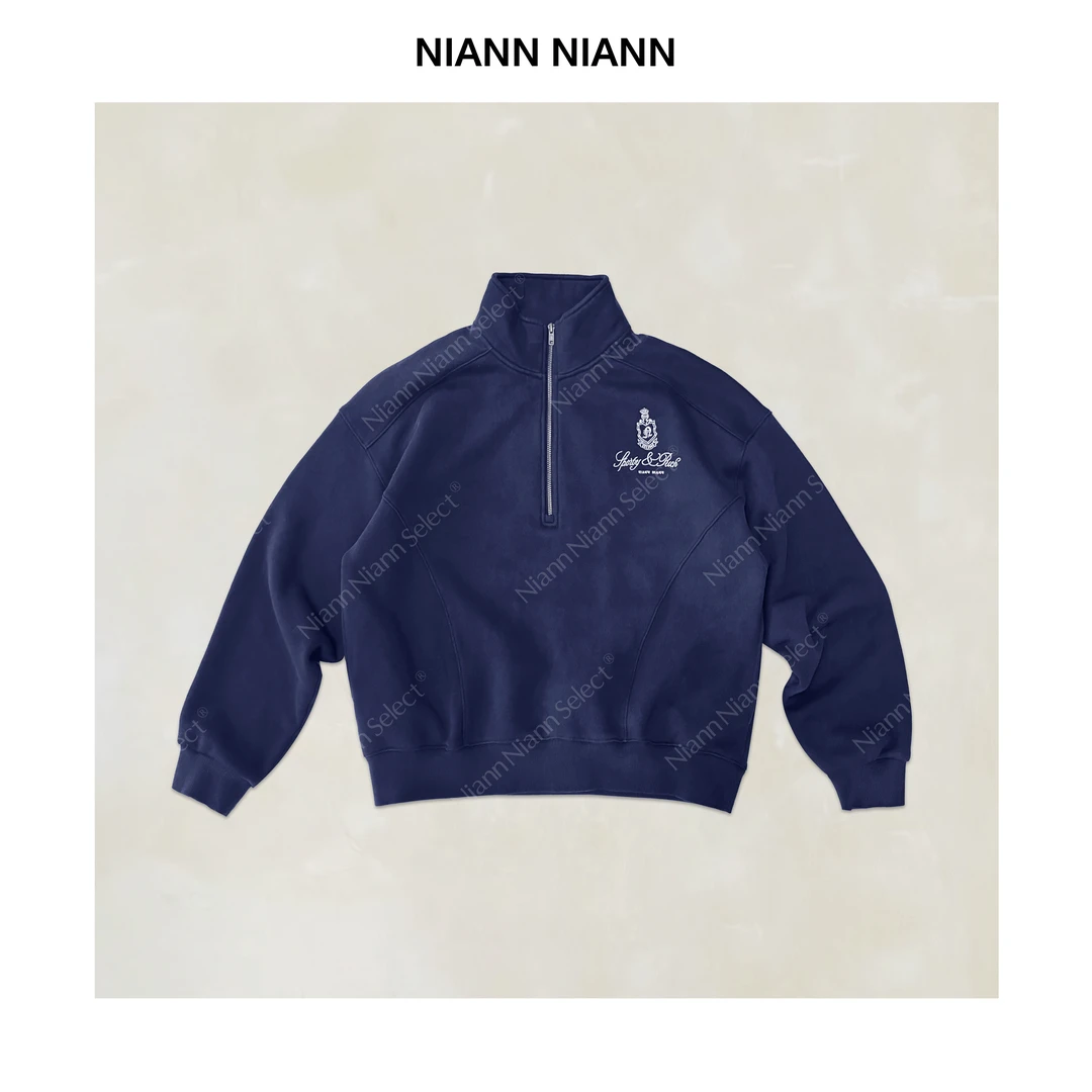 NiannNiann 新品休闲冬季刺绣美式复古半拉链加绒水洗卫衣16393