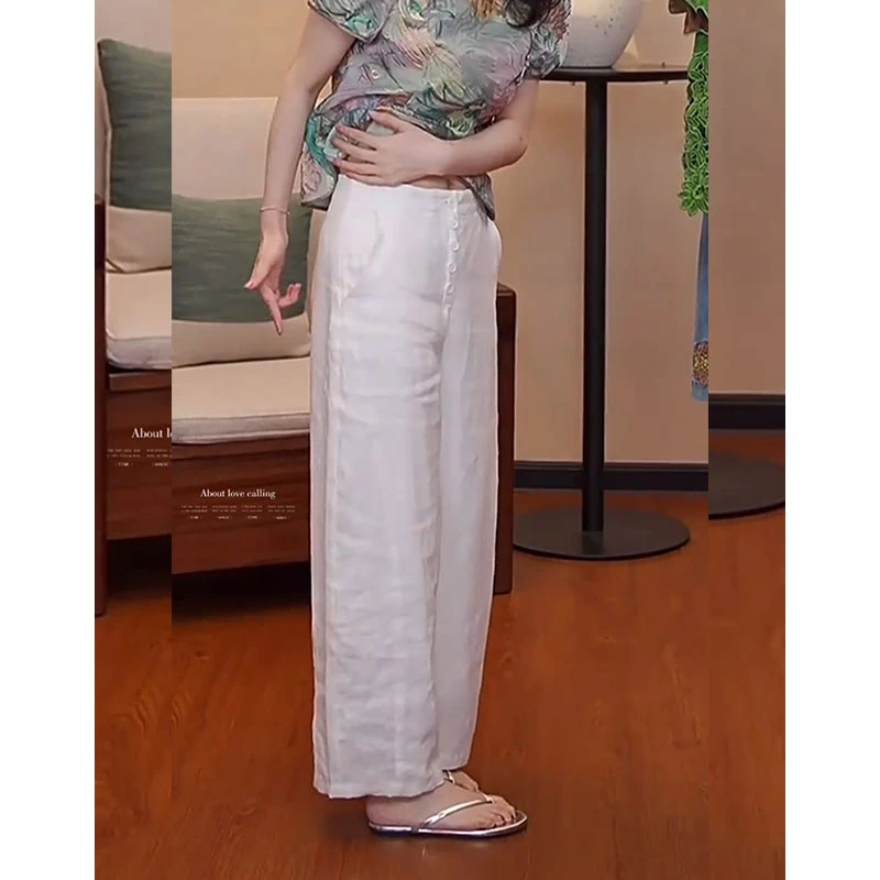 白色简约时尚百搭亚麻休闲裤女夏季新款高腰排扣设计感显瘦阔腿裤