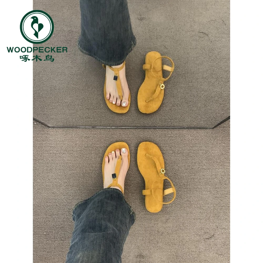 啄木鸟小众气质平底法式凉鞋女鞋子2025新款夏配裙子一字带罗马鞋