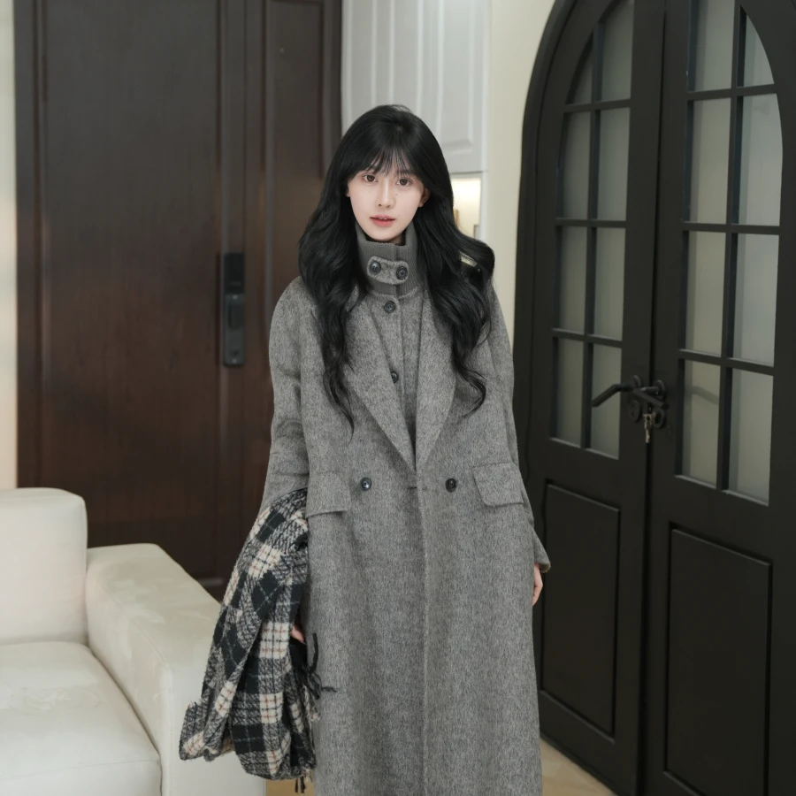 伊迪卡女士秋冬极简风中长款长款毛呢双面外套时尚呢子百搭宽松