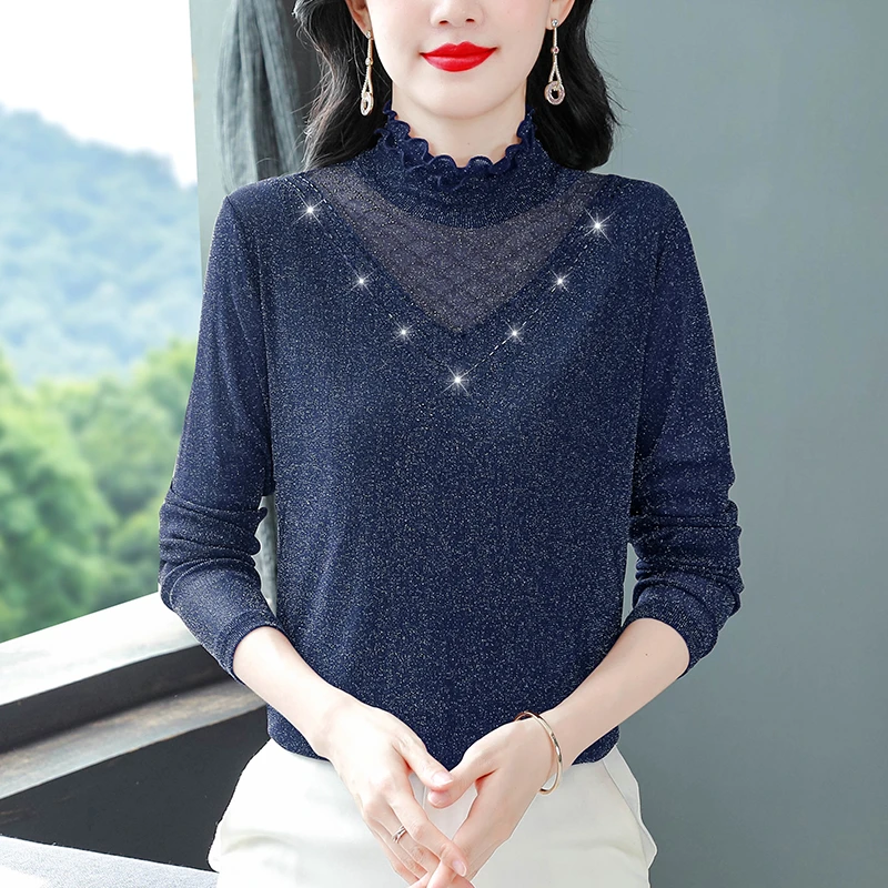 中年气质显瘦秋冬修身百搭亮丝高领高弹力长袖打底衫时尚烫钻上衣