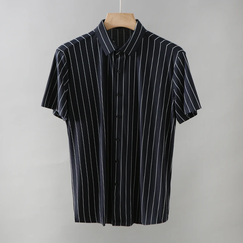 YS417剪标夏季无痕压胶六面弹轻薄时尚百搭洋气条纹短袖男士衬衫