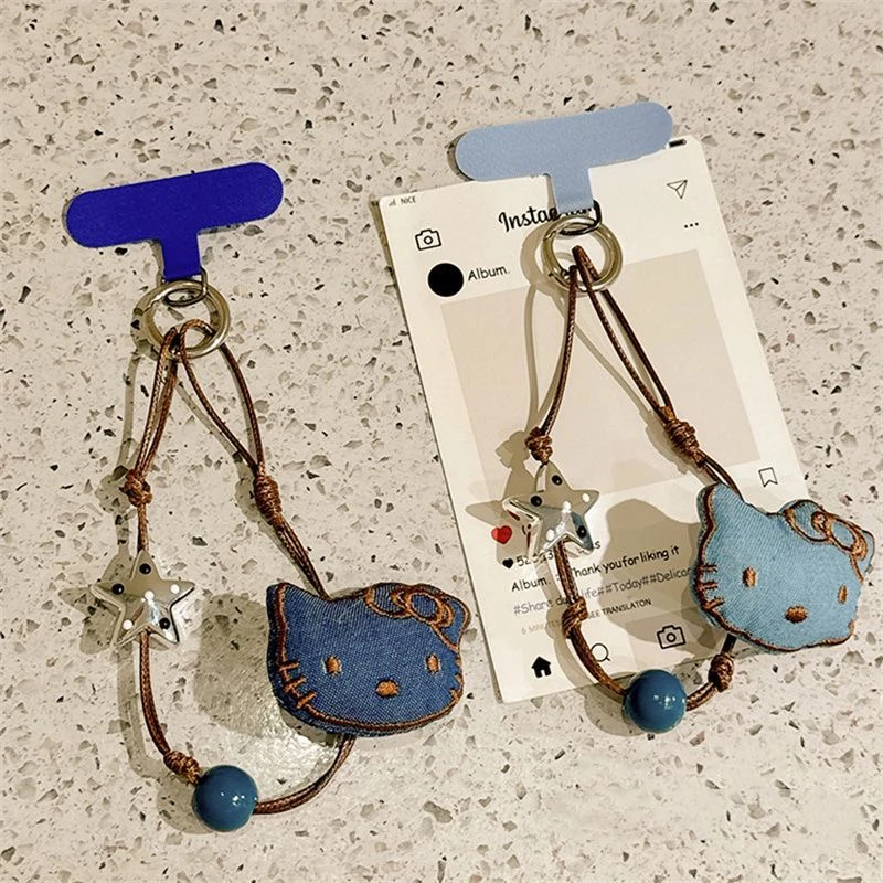 牛仔蓝kt猫手机挂绳自制油蜡线手绳甜酷Y2k挂手腕个性挂件ccd相机