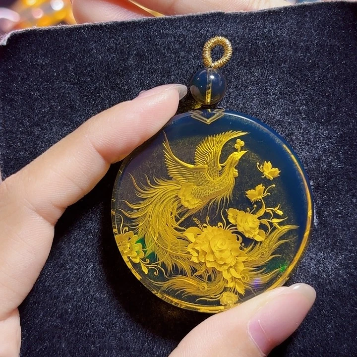 蓝珀未镶嵌珠宝奇石墨西哥蓝珀凤穿牡丹