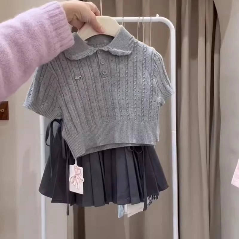 夏季新款女童套装时尚灰色上衣轻奢洋气儿童聚酯纤维纯色日常