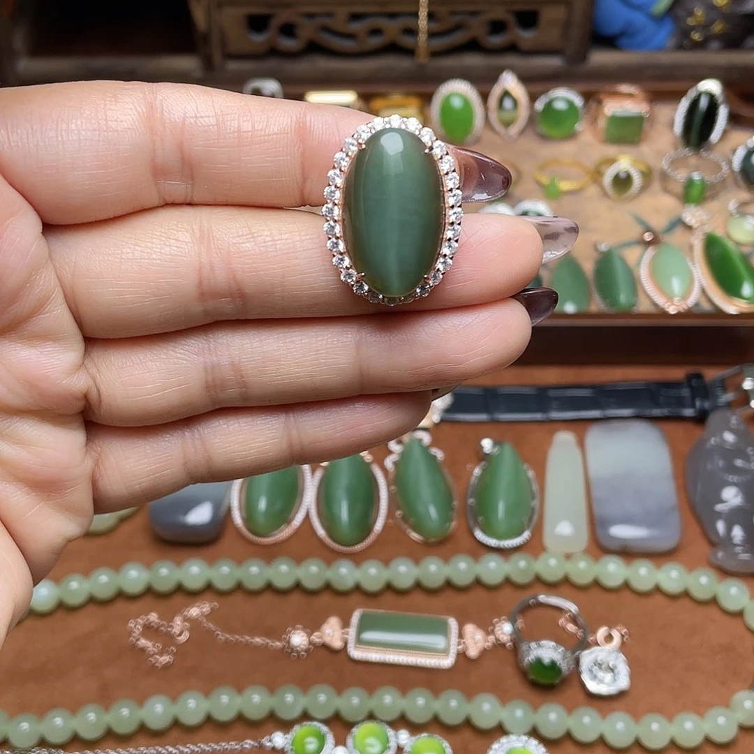 和田玉（碧玉）银S925镶嵌吊坠(不含链)戒指