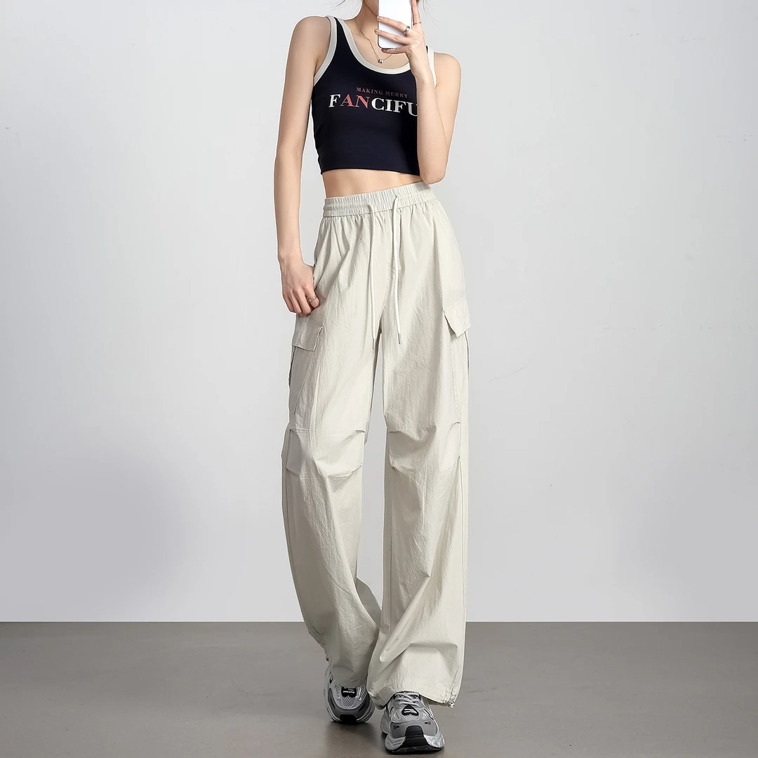 米白色美式工装裤女款小个子设计感运动休闲裤子春秋季户外登山裤