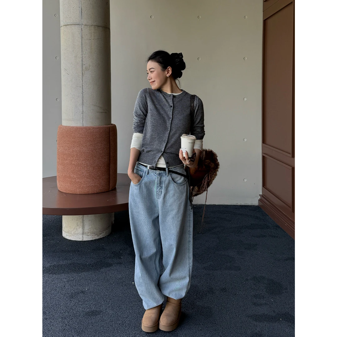 Seyora【云感甜豆】羊毛圆领单排扣针织开衫修身百搭毛衣M38384SY53