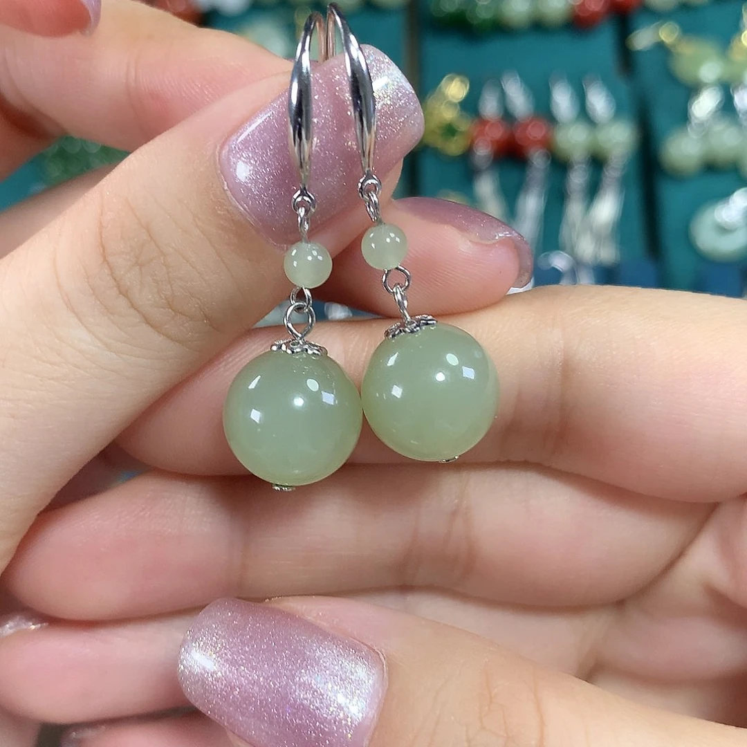 和田玉银S925镶嵌耳饰天然卡12mm左右冰晴水