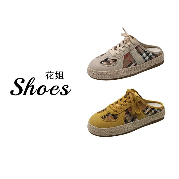 潮流格纹拼接包头半拖鞋女新款一脚蹬时尚休闲鞋