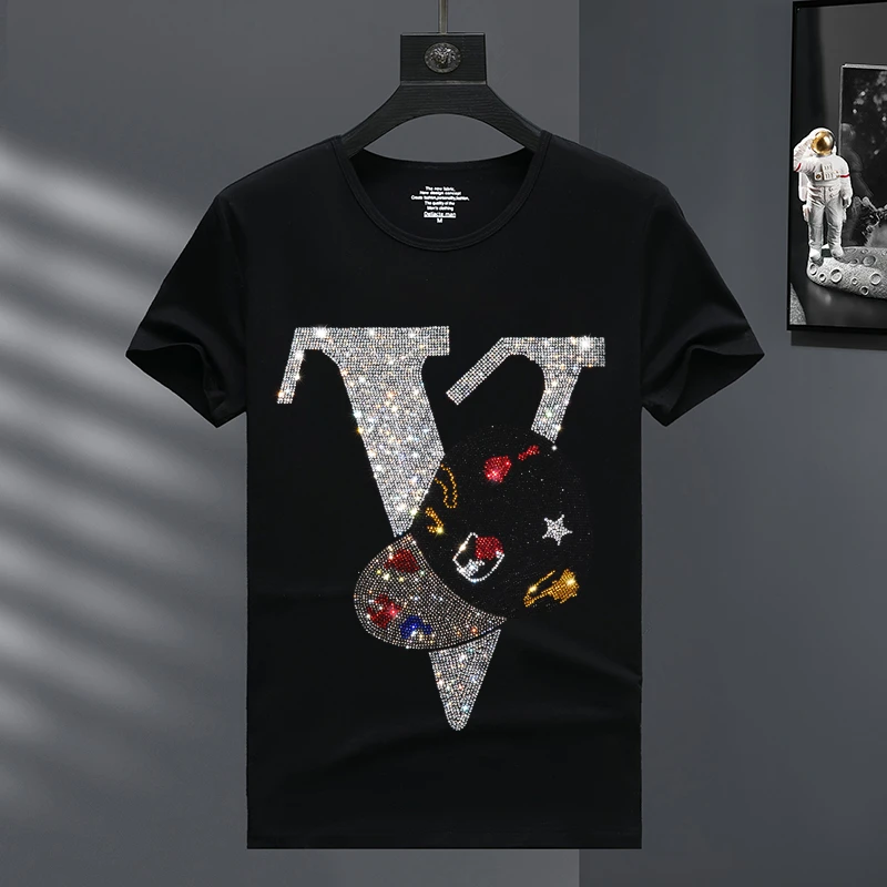 范希巴迪欧洲站夏季时尚百搭棉烫钻短袖t恤超码个性圆领半袖打底