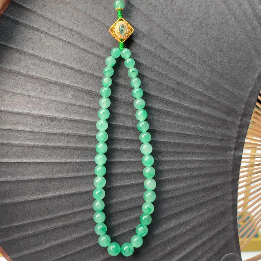 石英质玉（非洲翠）银S925镀金镶嵌冰飘花手机链