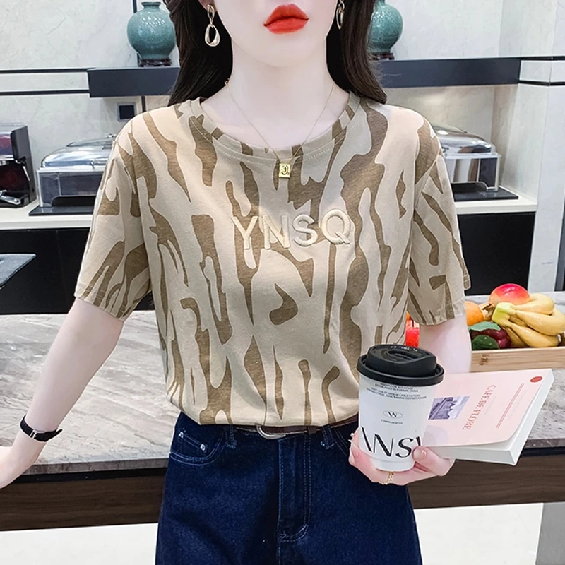 设计感时尚短袖T恤女夏季新款韩版宽松显瘦百搭洋气豹纹印花上衣