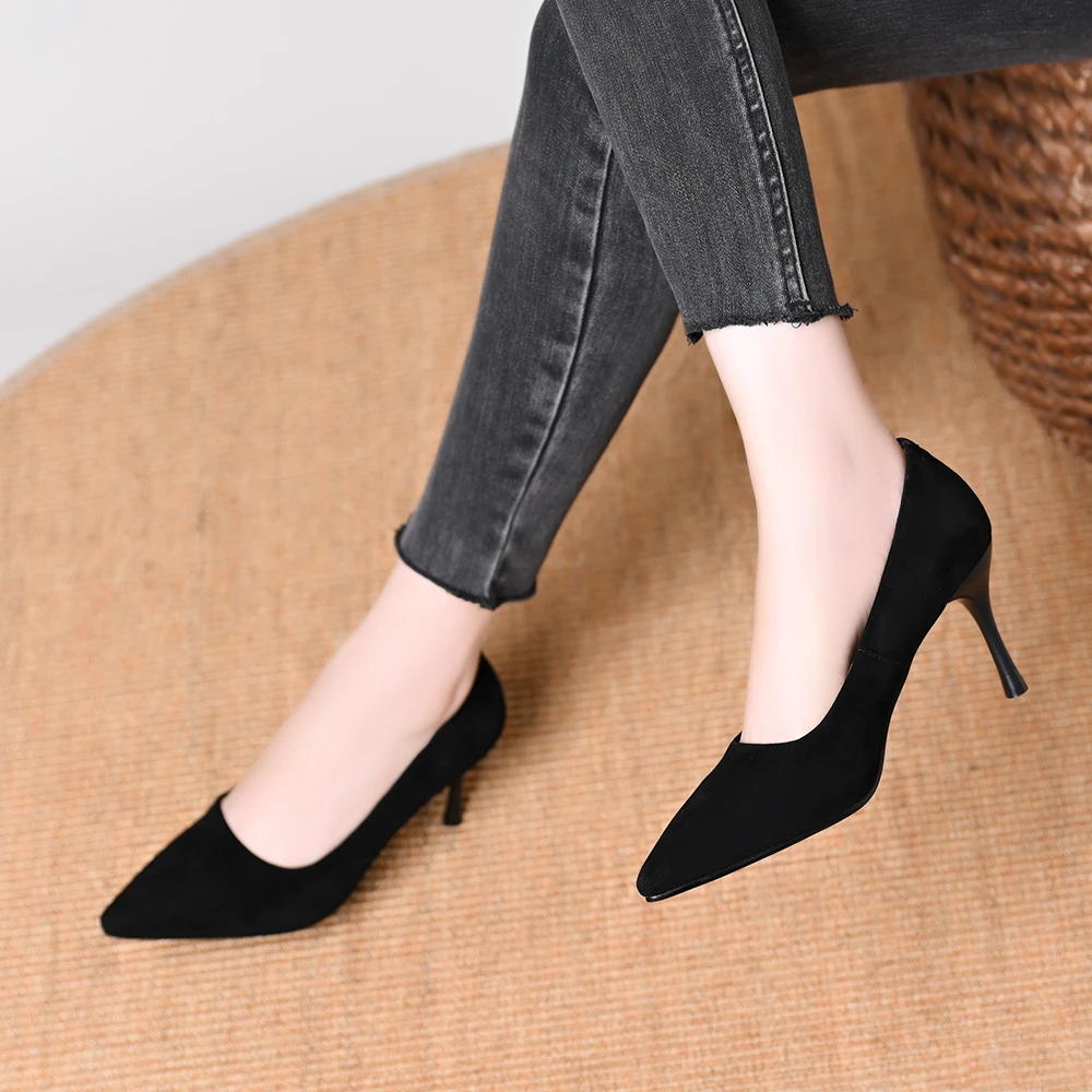 黑色高跟鞋女2025羊绒春季新款尖头细跟职业通勤单鞋