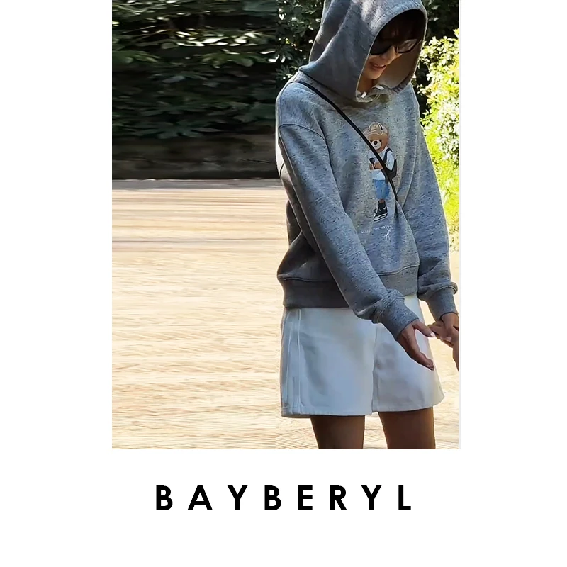 BAYBERYL老贝小熊花灰连帽印花美式休闲25秋卫衣NT5G2907-8/21