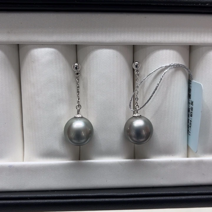 海水珍珠漏大溪地铂金灰风在吹耳线10-11mm18K金镶嵌