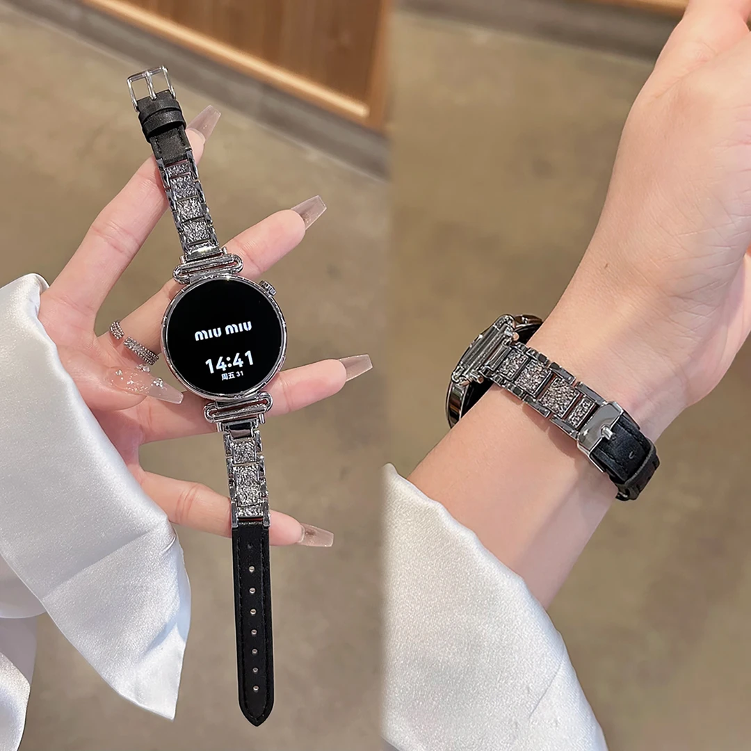 适用华为满钻金属拼皮质秋冬款手表表带watch4watch5GT4GT5GT6pro