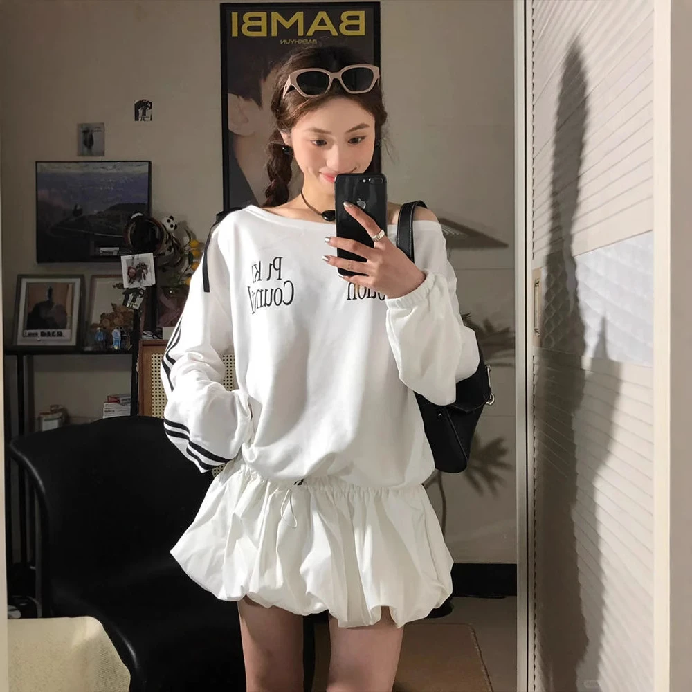 时尚韩版宽松显瘦长袖白色4141纯欲斜肩花苞卫衣裙2024秋季日系