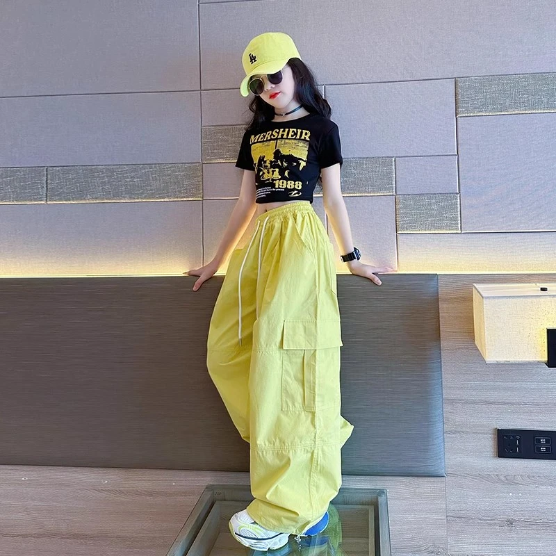 女童夏季薄款工装裤2025新款儿童爵士街舞裤子女孩潮酷短袖两件套