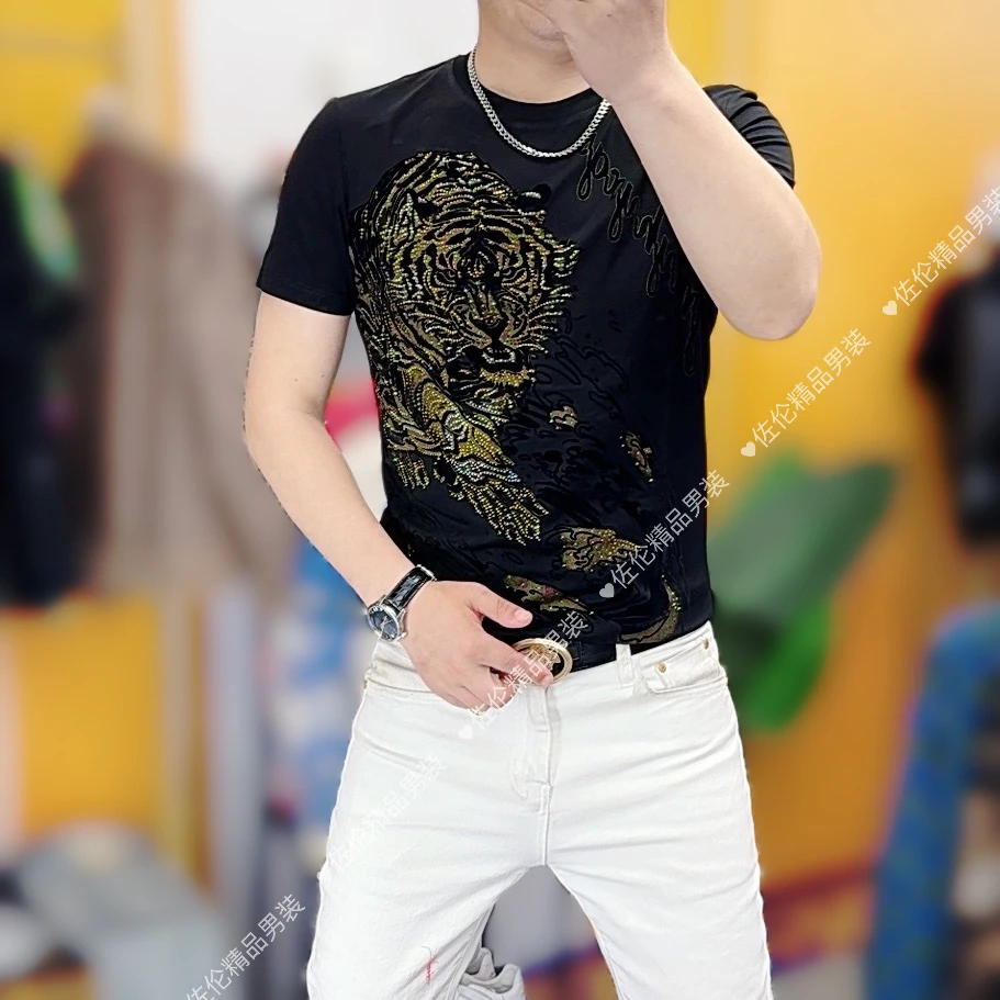 202525032夏季新款时尚男士修身烫钻百搭体恤